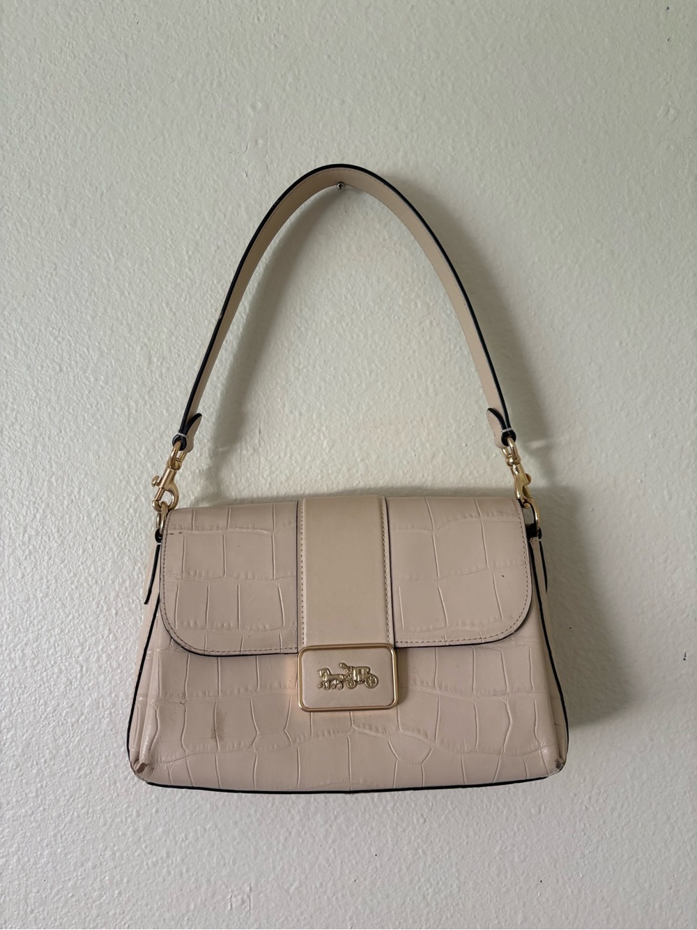 Coach Cream Croc-Embossed Leather Shoulder Bag with Gold Hardware